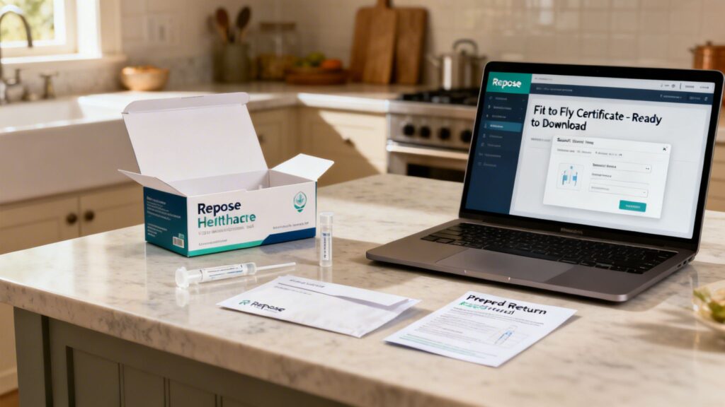 Home testing kit for 'Fit to Fly Certificate' displayed with laptop on a modern kitchen counter.