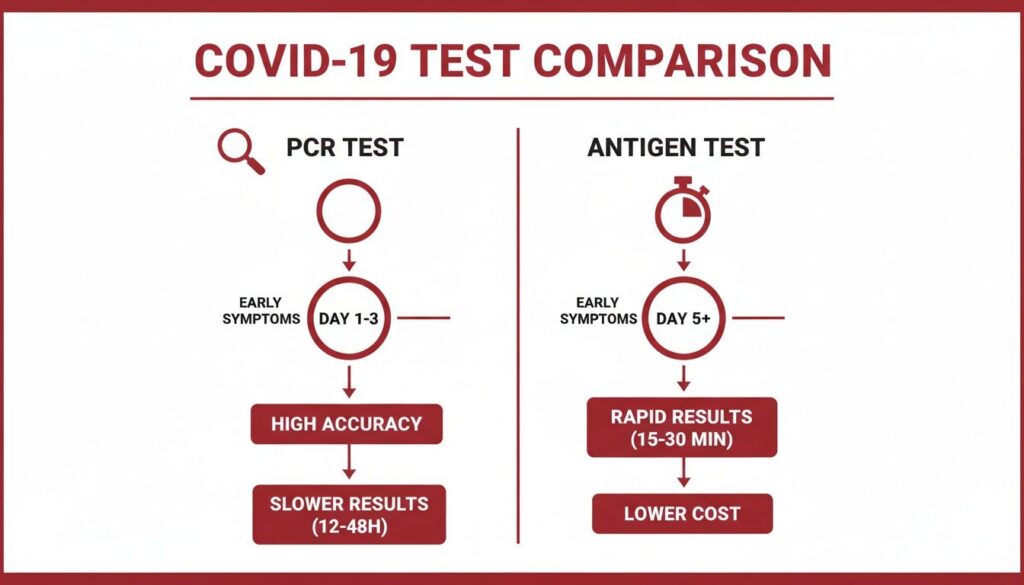An infographic comparing COVID-19 PCR and Antigen tests, detailing timing, accuracy, results speed, and cost.