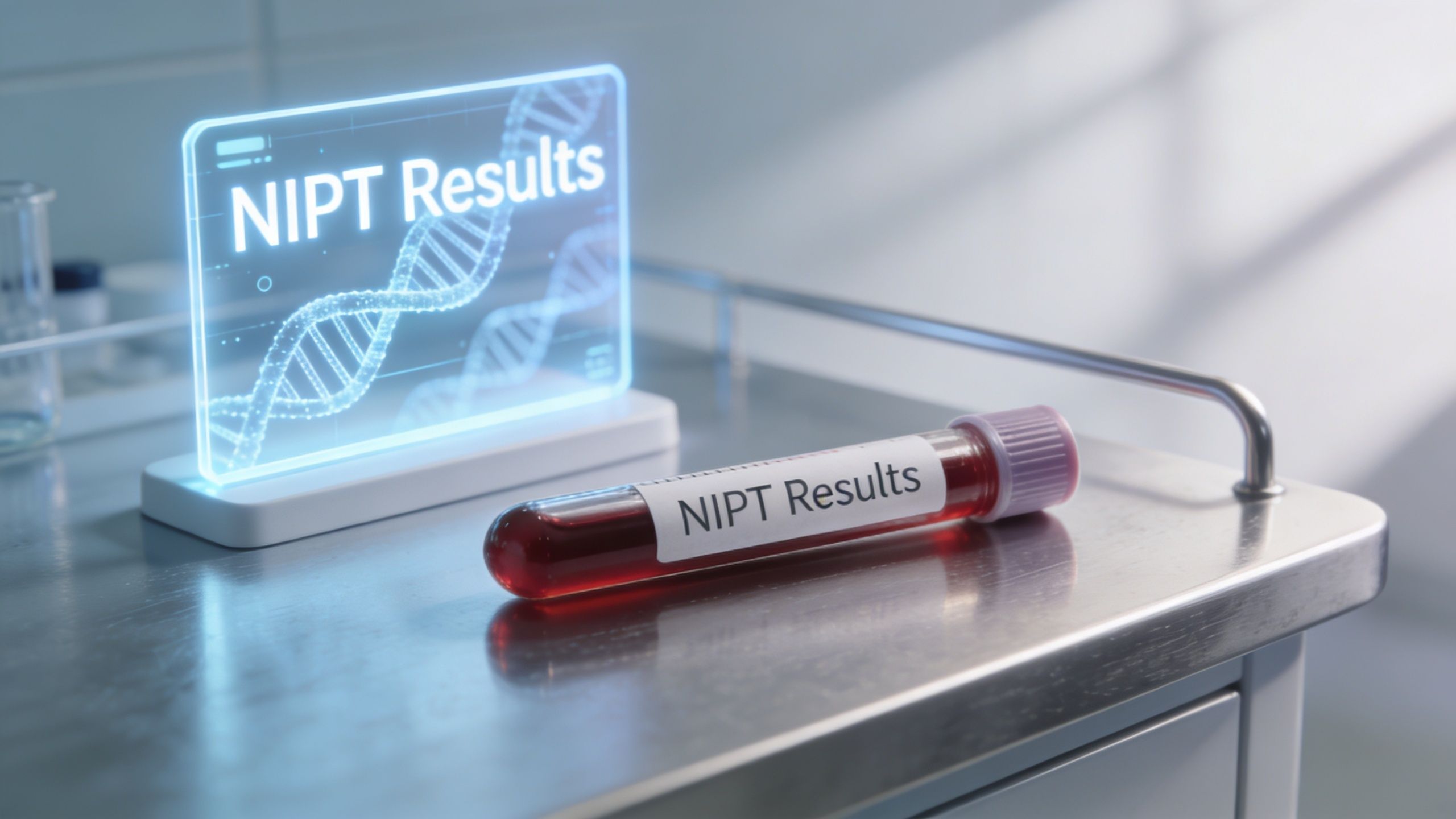 A laboratory table featuring a blood sample tube labeled NIPT Results and a glowing holographic display showing DNA.