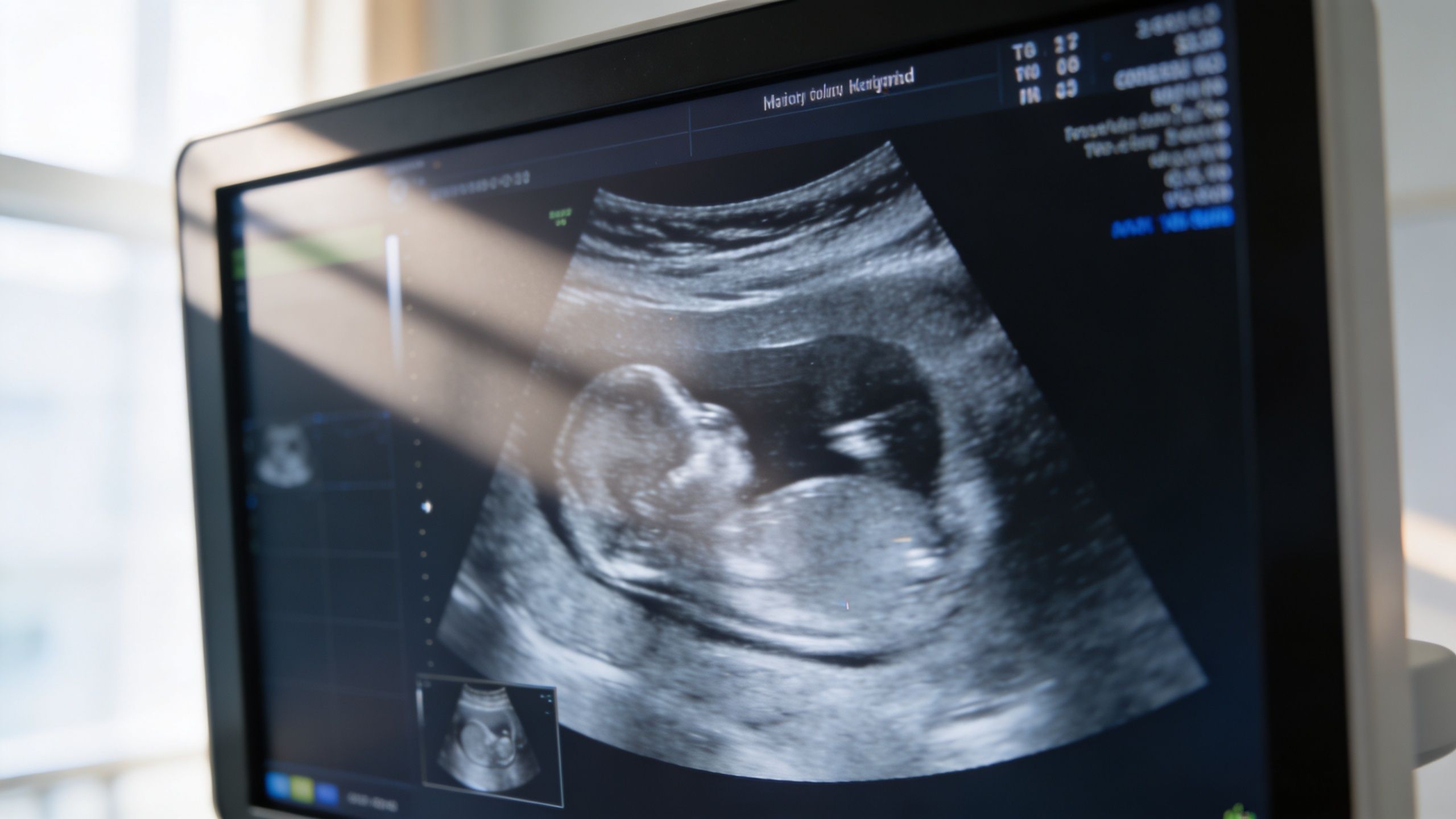 A black and white ultrasound scan of a developing fetus displayed on a medical monitor screen.