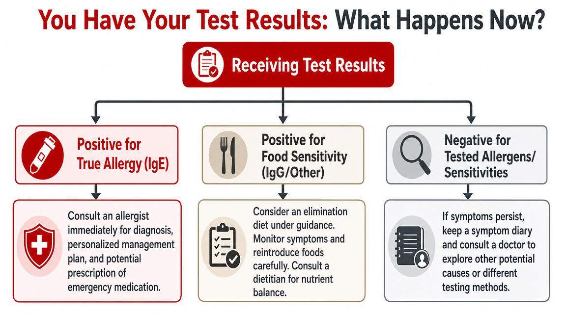 A flowchart explaining the next steps after receiving results from an allergy or food sensitivity test.