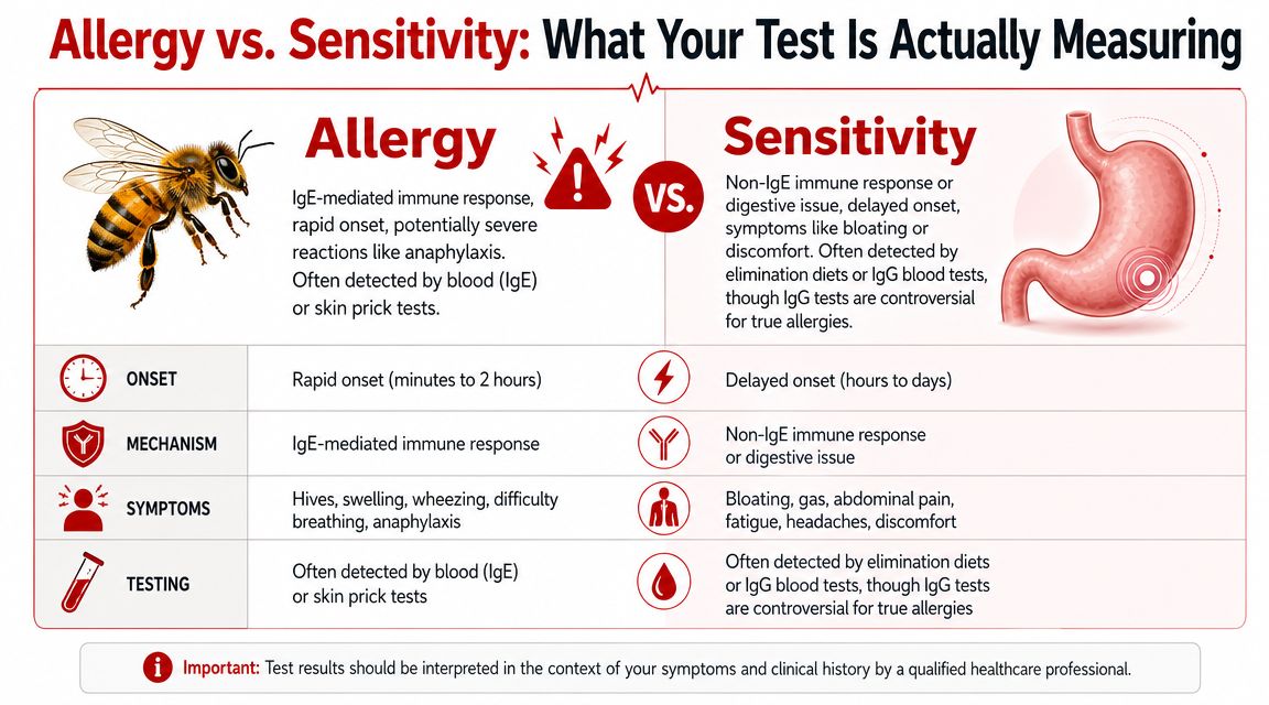 A comparison chart explaining the differences between food allergies and sensitivities regarding onset, mechanism, and testing.