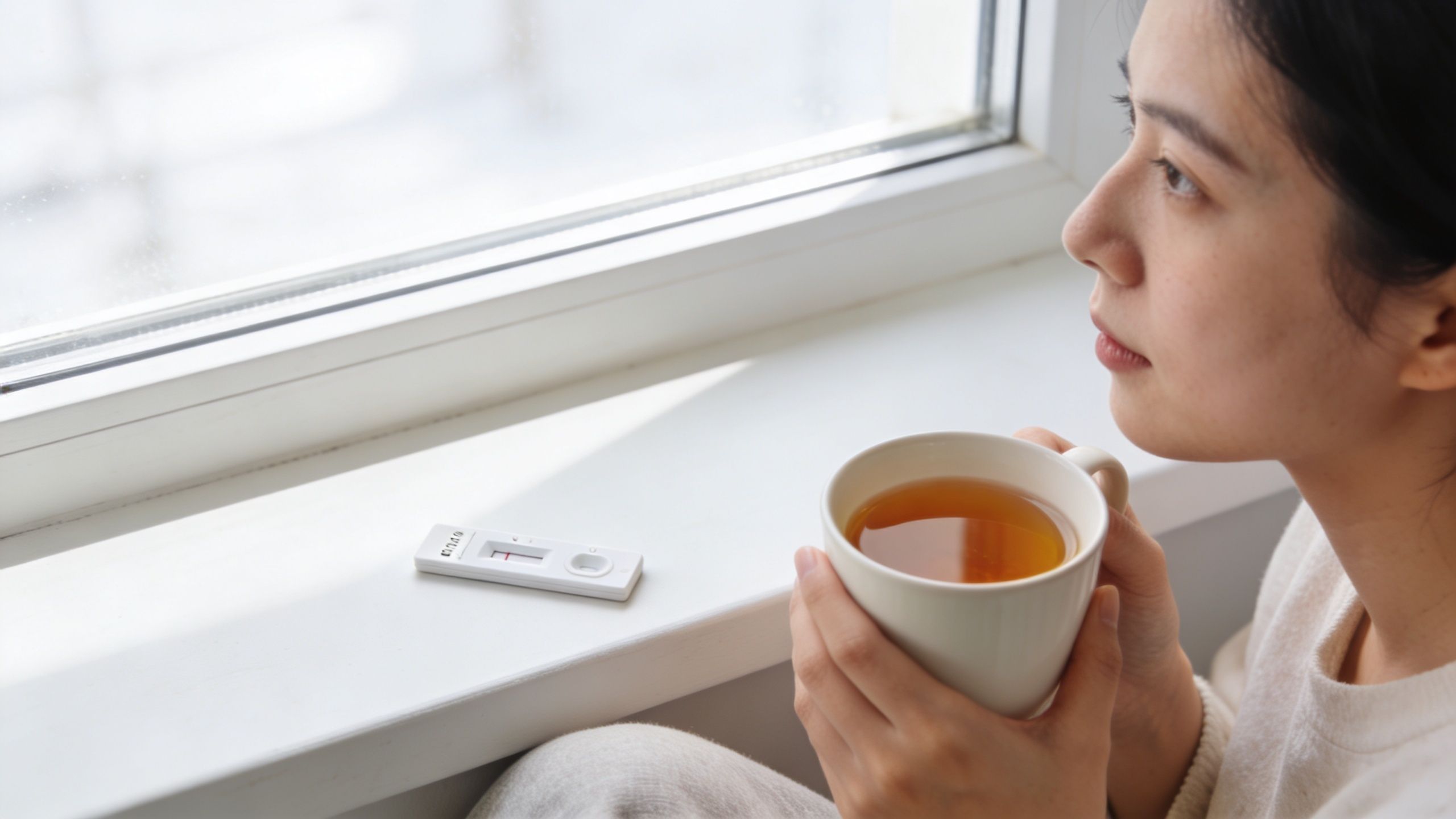 A contemplative young woman holding a cup of tea near a window with a home COVID test result.