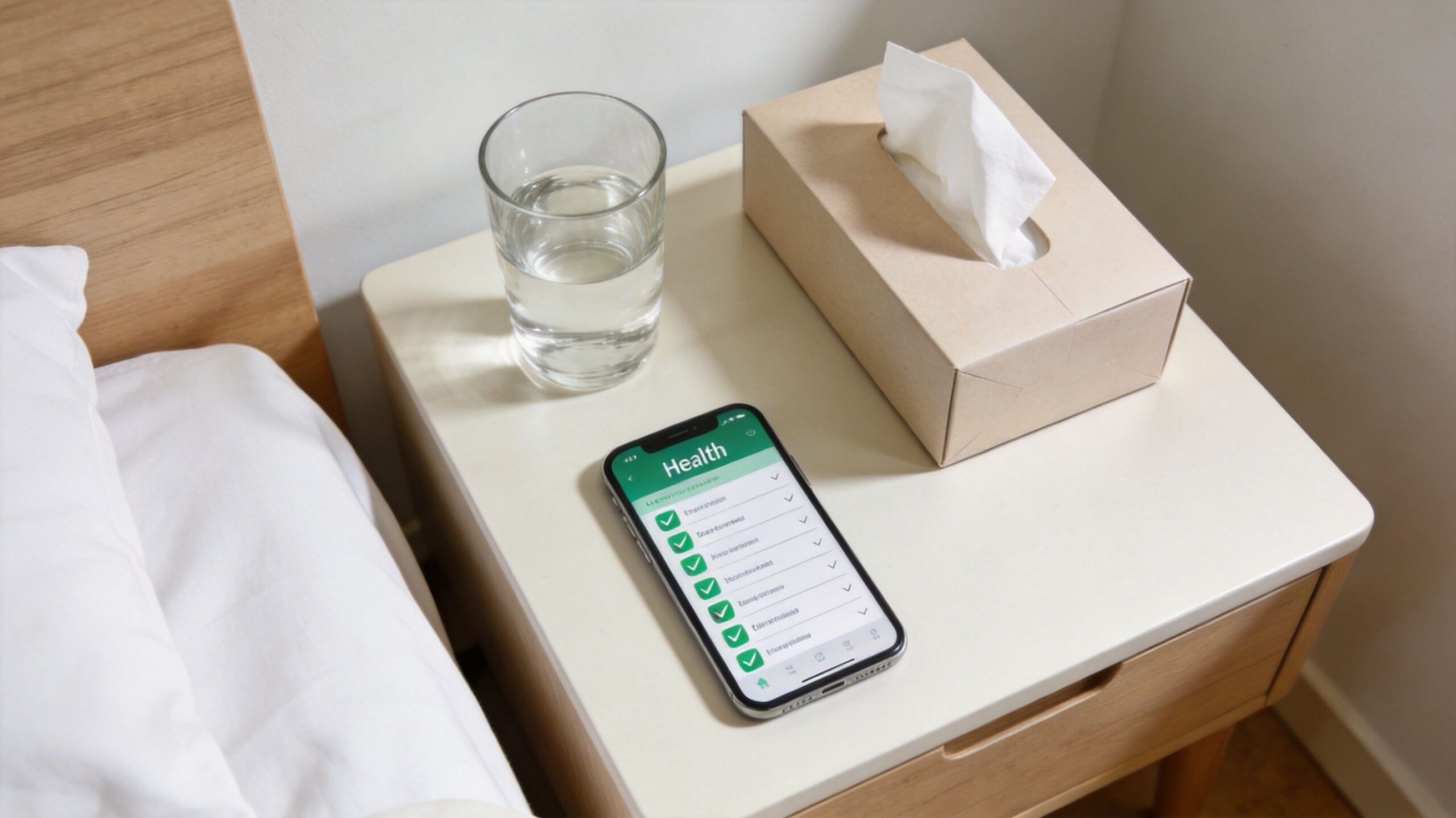 A smartphone displaying health checklist results on a bedside table next to a glass of water.