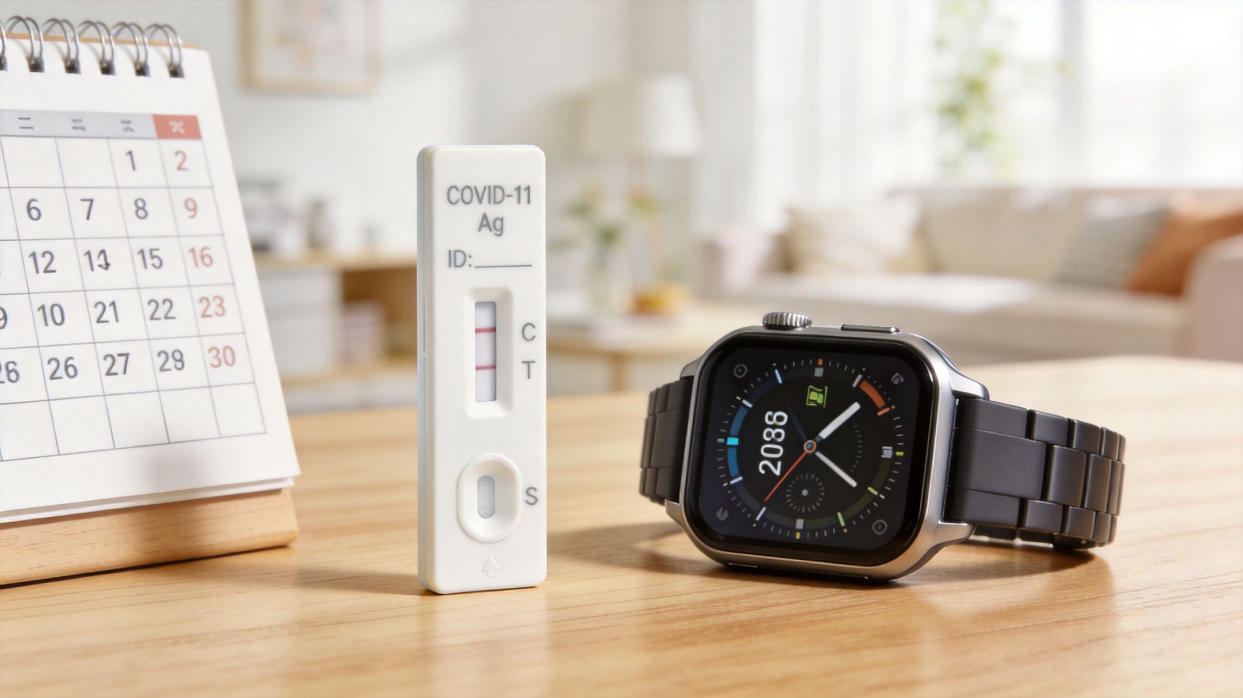 A positive COVID-19 rapid antigen test, a physical desk calendar, and a smartwatch on a wooden table.