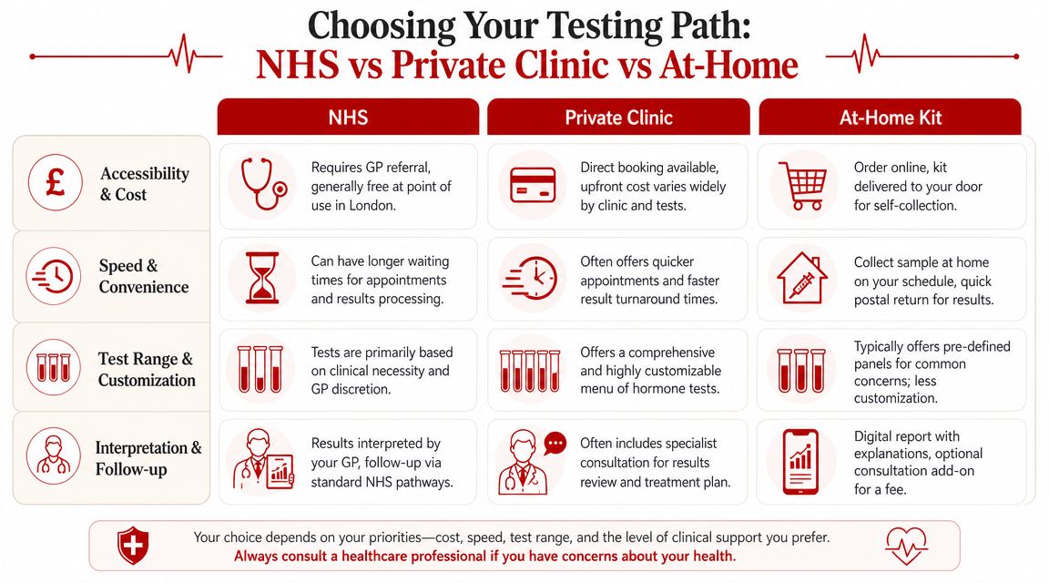 A comparison chart outlining the differences between NHS, private clinic, and at-home hormone testing options.