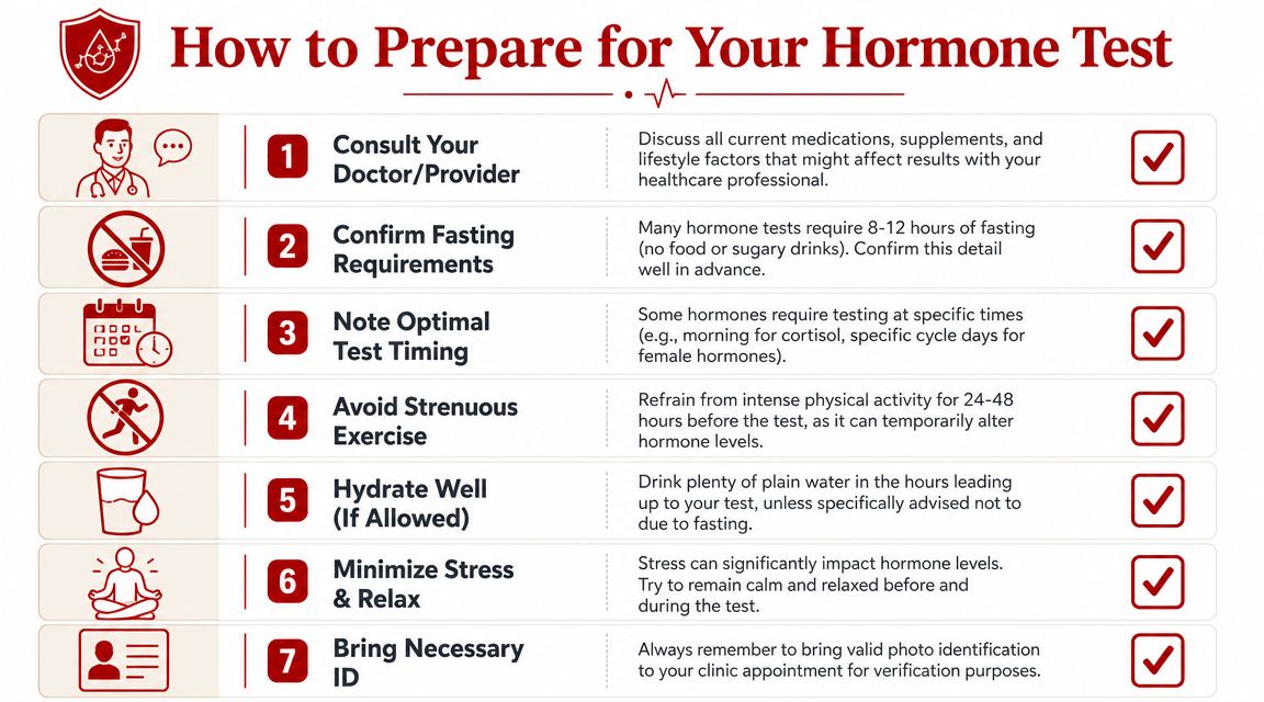 A step-by-step infographic titled How to Prepare for Your Hormone Test with seven essential health instructions.
