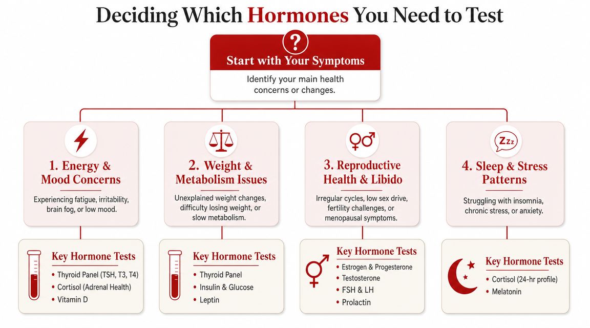 An infographic showing how to choose hormone tests based on symptoms like energy, metabolism, or reproduction.