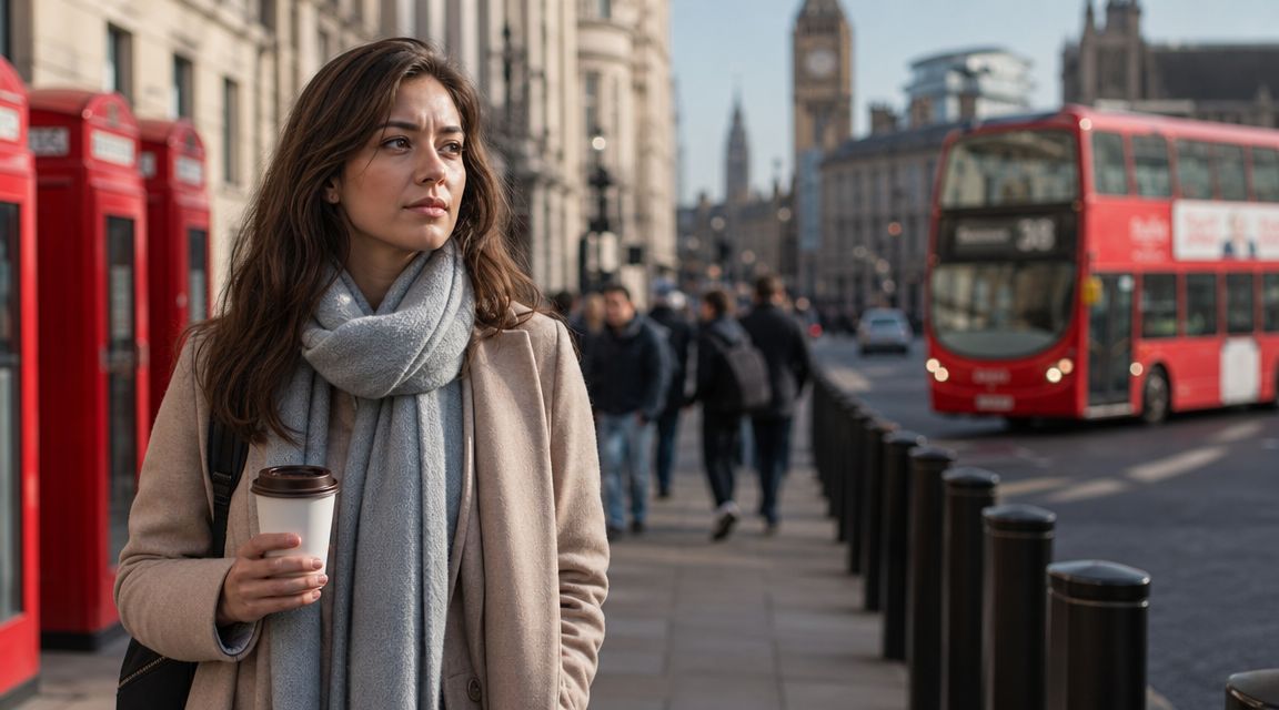A young woman holding a coffee cup while walking on a London street near a bus