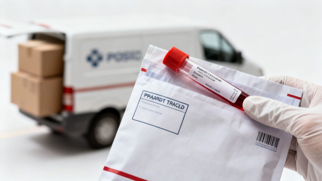 A gloved hand holds a blood sample tube in a sealed plastic bag, with a delivery van in the background.
