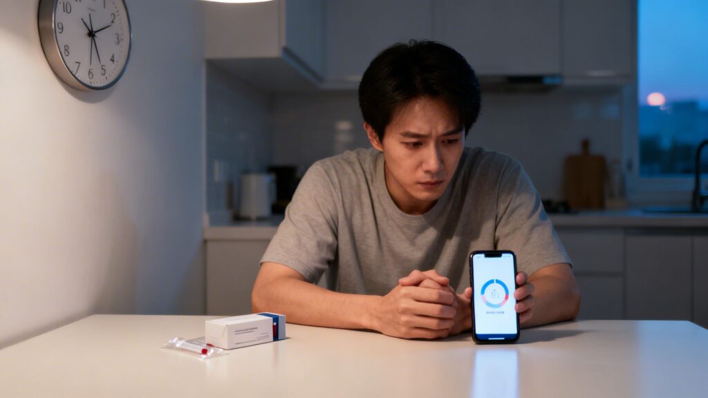A concerned man reviews health test results on his smartphone next to a home kit.
