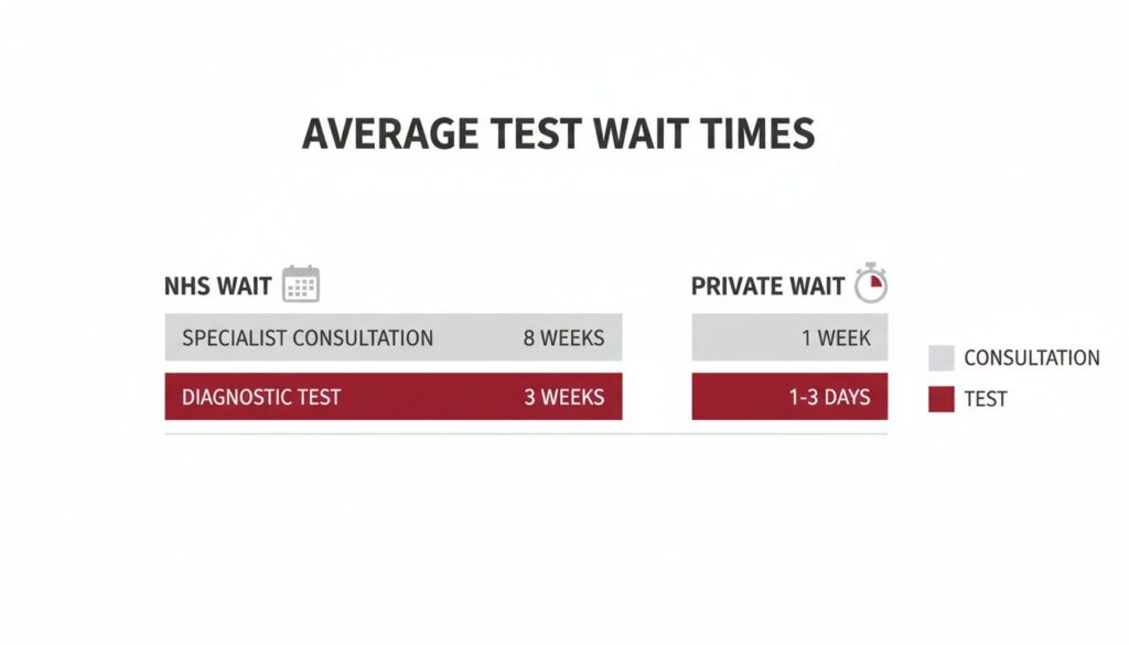 Infographic comparing average test wait times for NHS versus Private services, showing times for consultations and diagnostic tests.