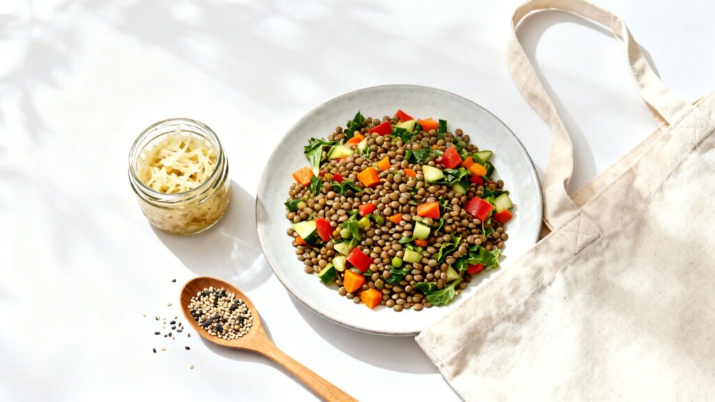 A healthy lentil salad with vegetables, sauerkraut, and sesame seeds on a white table.