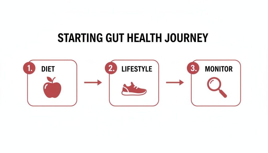 Infographic showing a three-step gut health journey: 1. Diet (apple), 2. Lifestyle (shoe), 3. Monitor (magnifying glass).