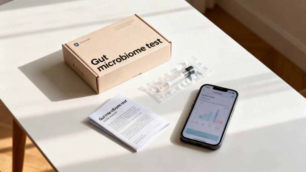 A gut microbiome test kit and instructions on a table with a phone displaying results.