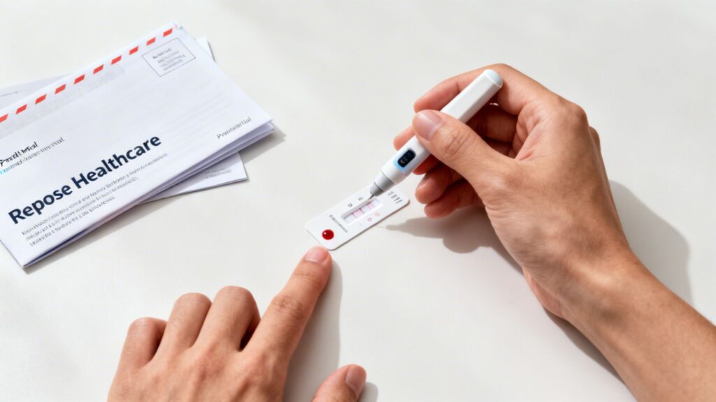 Hands applying a blood sample to a home test strip with a lancing device, healthcare envelopes present.