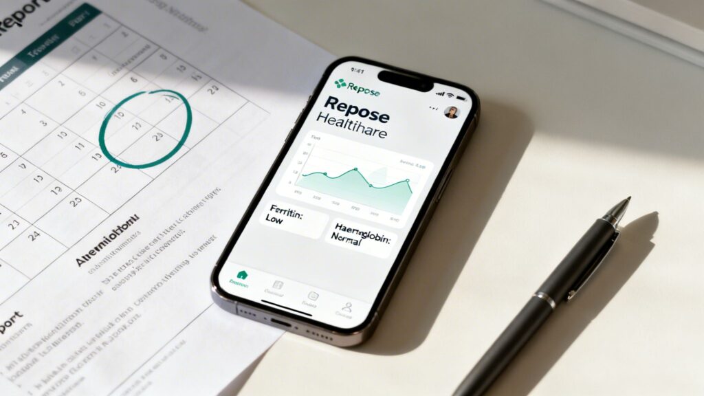 Smartphone displaying a healthcare app with blood test results for ferritin and haemoglobin, a calendar, and a pen on a desk.