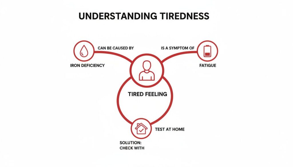 Infographic explaining tiredness, its causes like iron deficiency, symptoms like fatigue, and suggesting a home test solution.