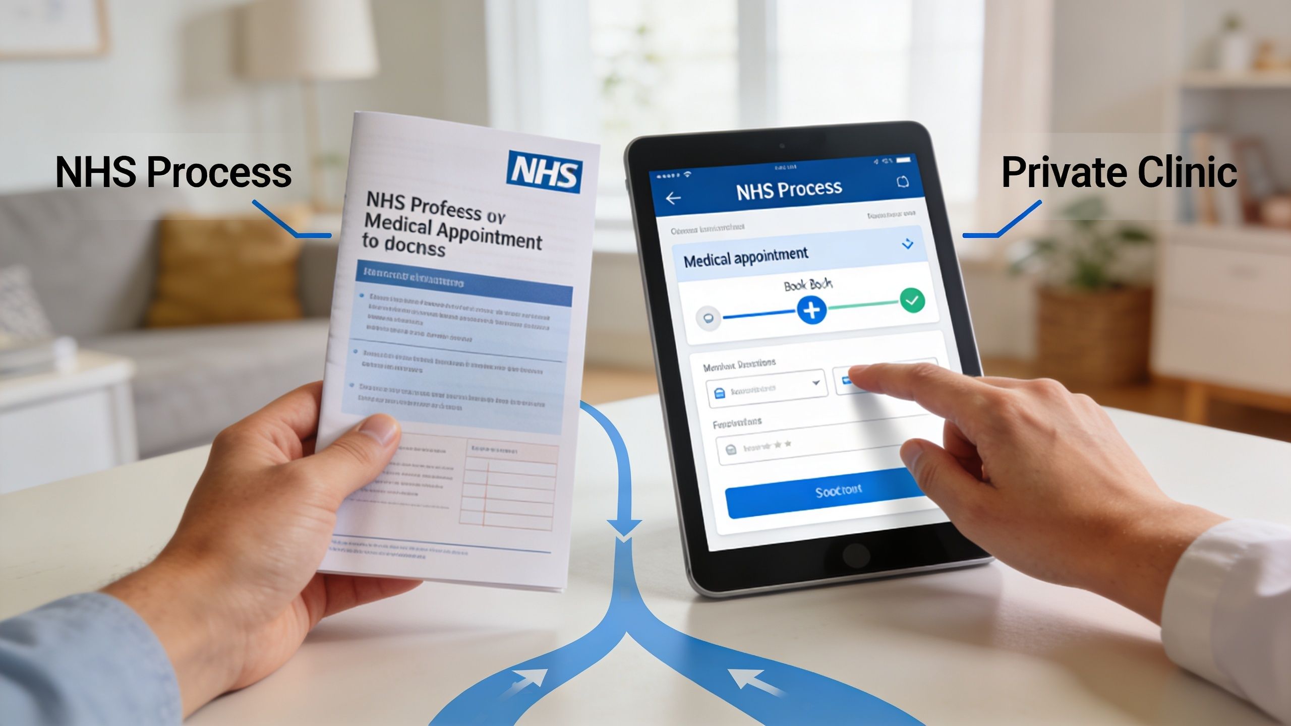 A person holding an NHS medical pamphlet alongside a digital tablet displaying an online appointment booking interface.