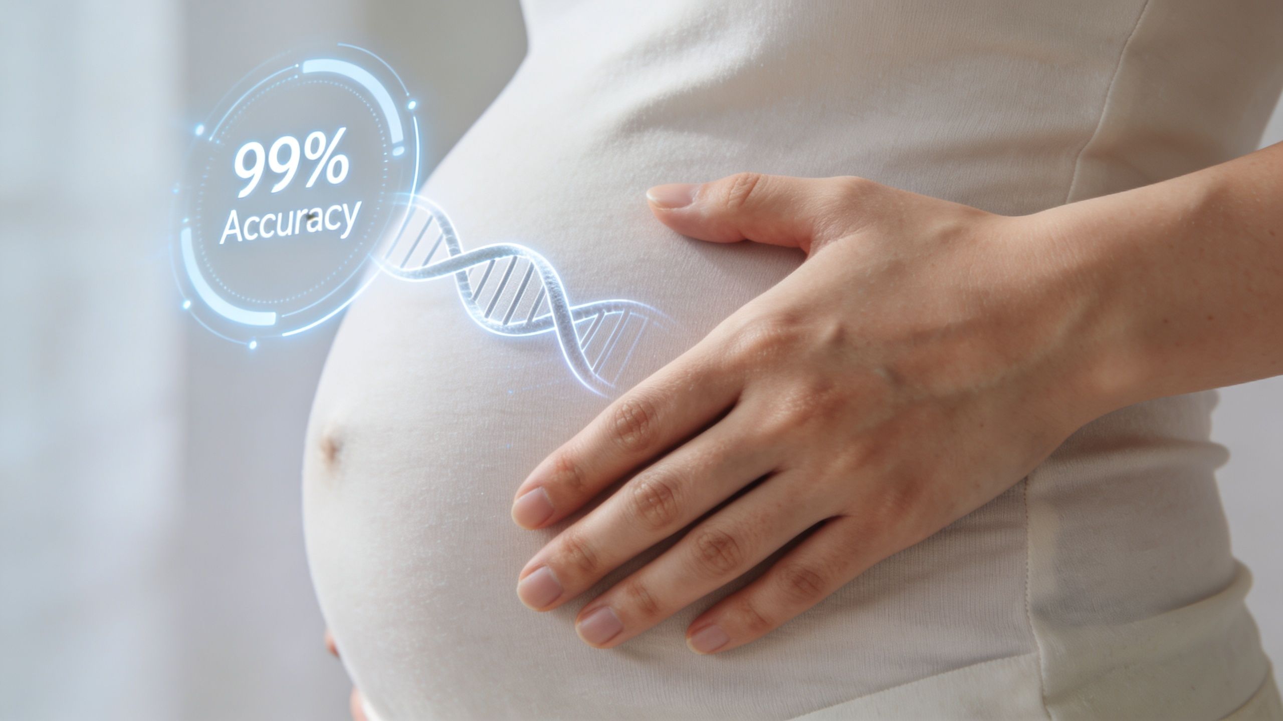 A pregnant woman touching her belly with a digital DNA strand hologram showing ninety-nine percent accuracy.