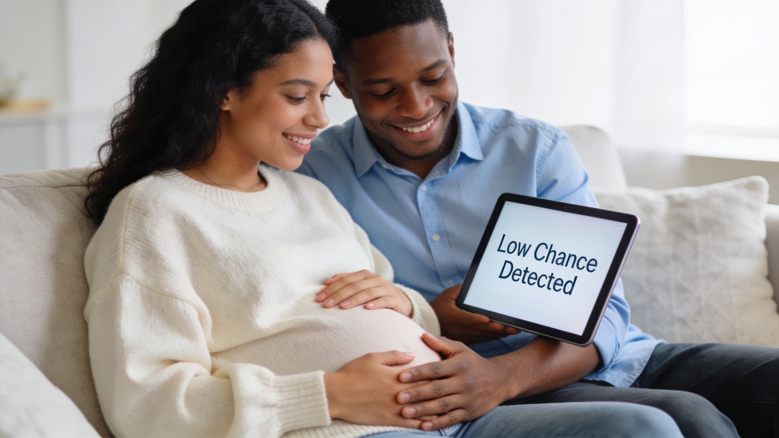 A happy expectant couple looking at a tablet screen showing a Low Chance Detected medical result.