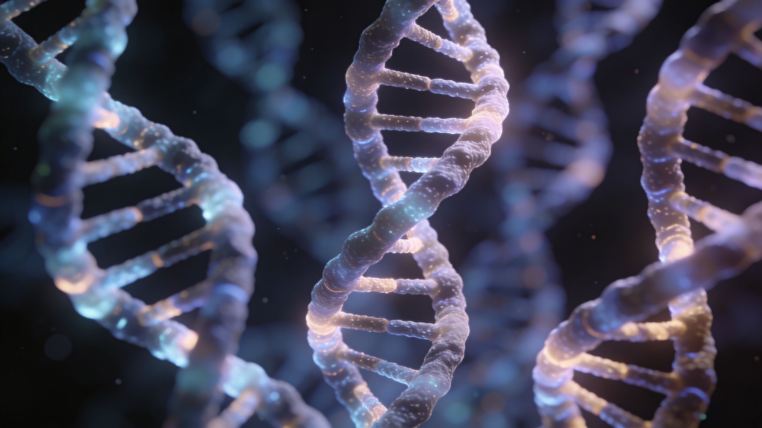 A close up 3D render of multiple DNA double helix strands glowing against a dark background.