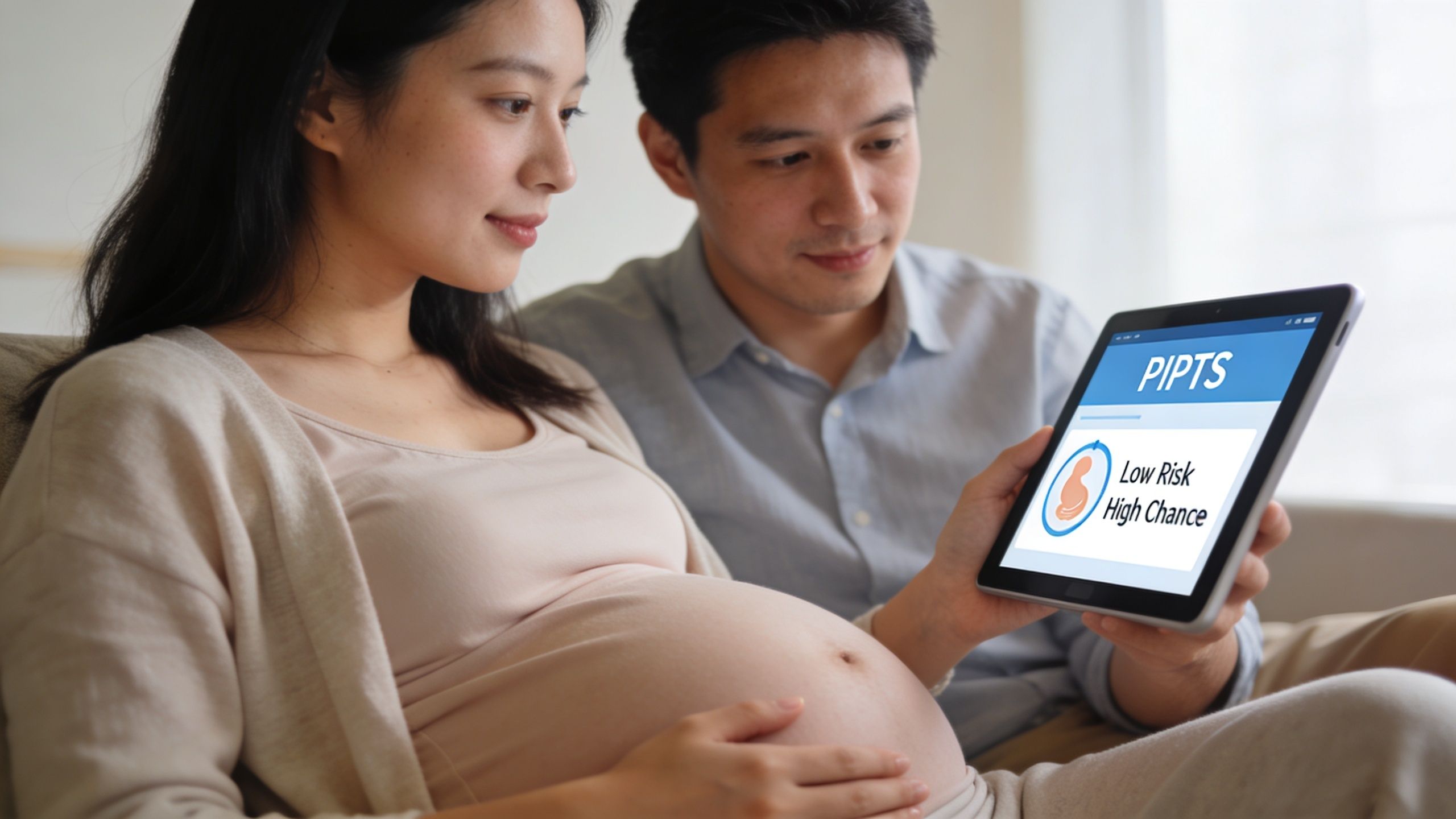 A happy expectant couple looking at a tablet showing pregnancy screening results together in their home.