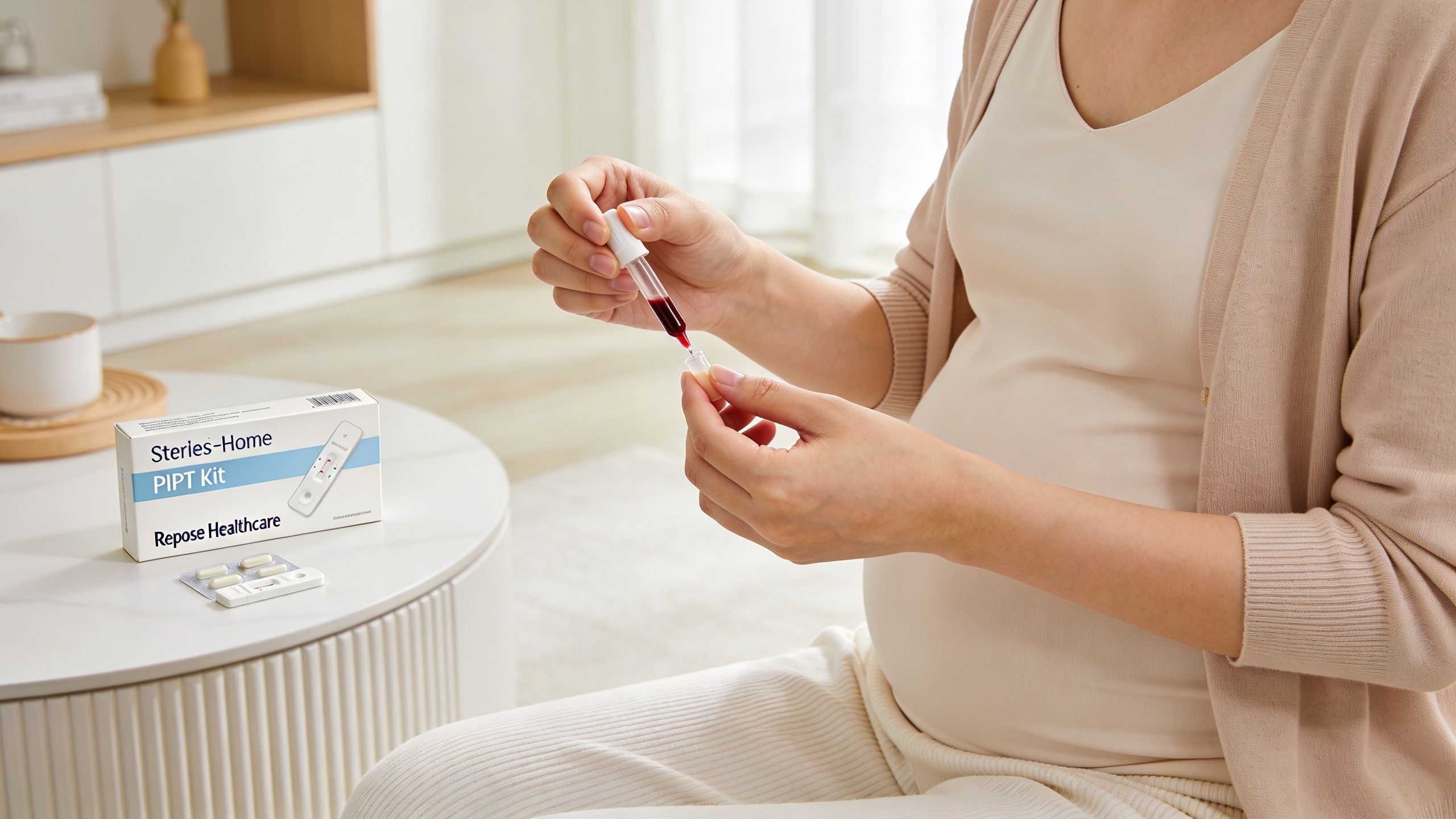A pregnant woman preparing a home test kit by transferring a blood sample into a small vial.