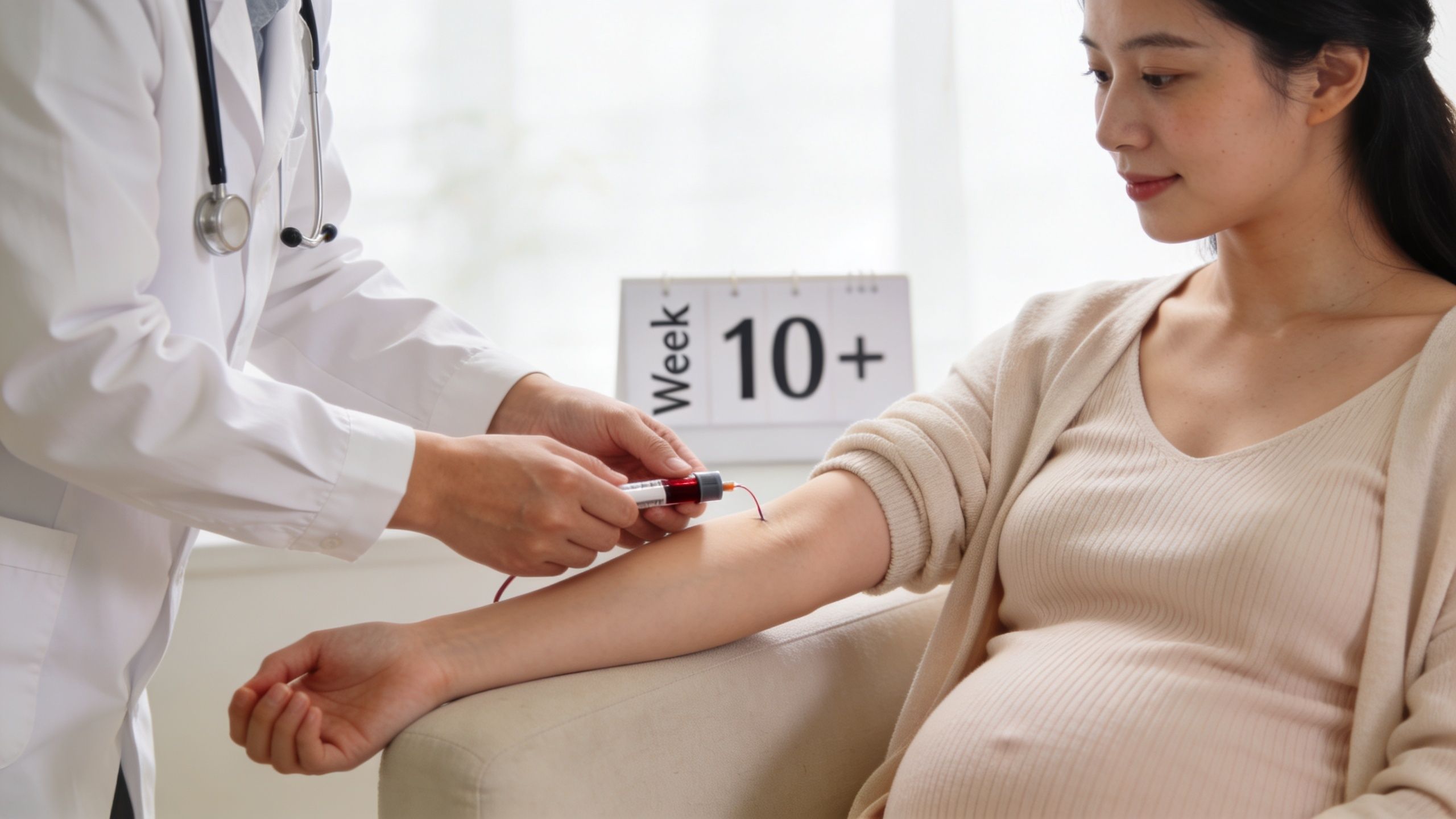 A healthcare professional drawing blood from a pregnant woman for a prenatal screening test.