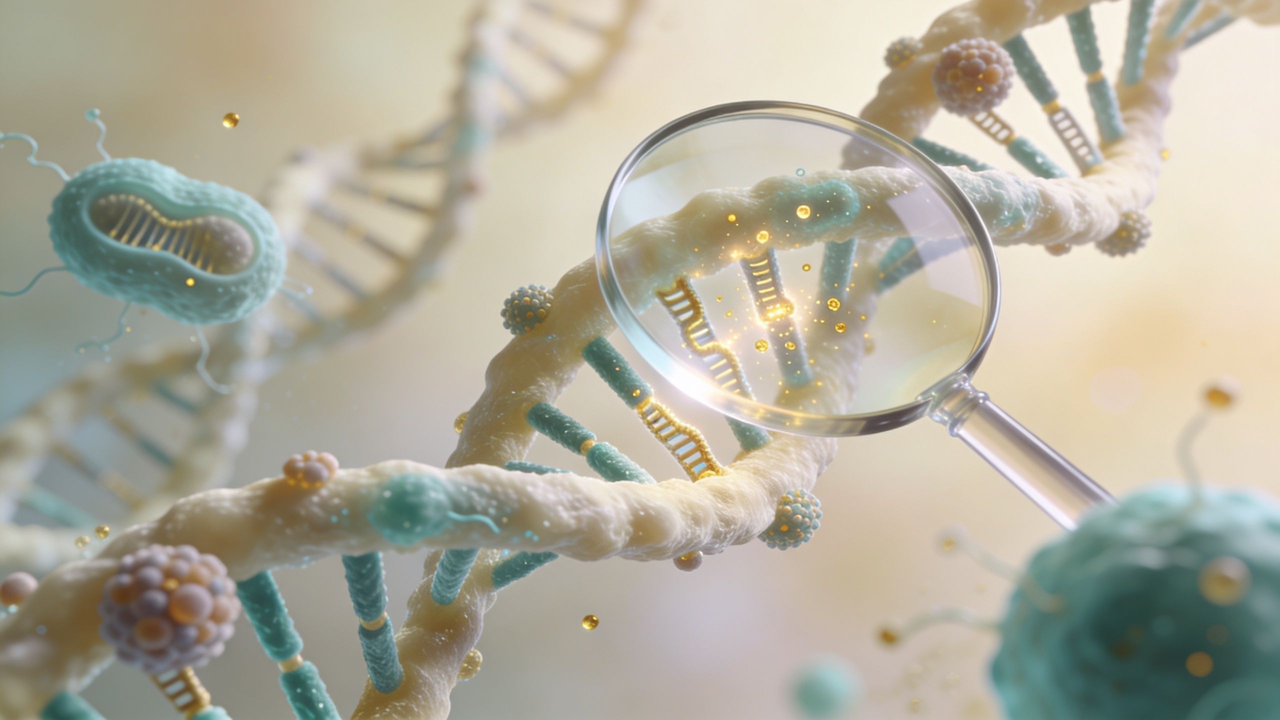 A magnifying glass inspecting a DNA double helix strand with microscopic cells floating in the background.