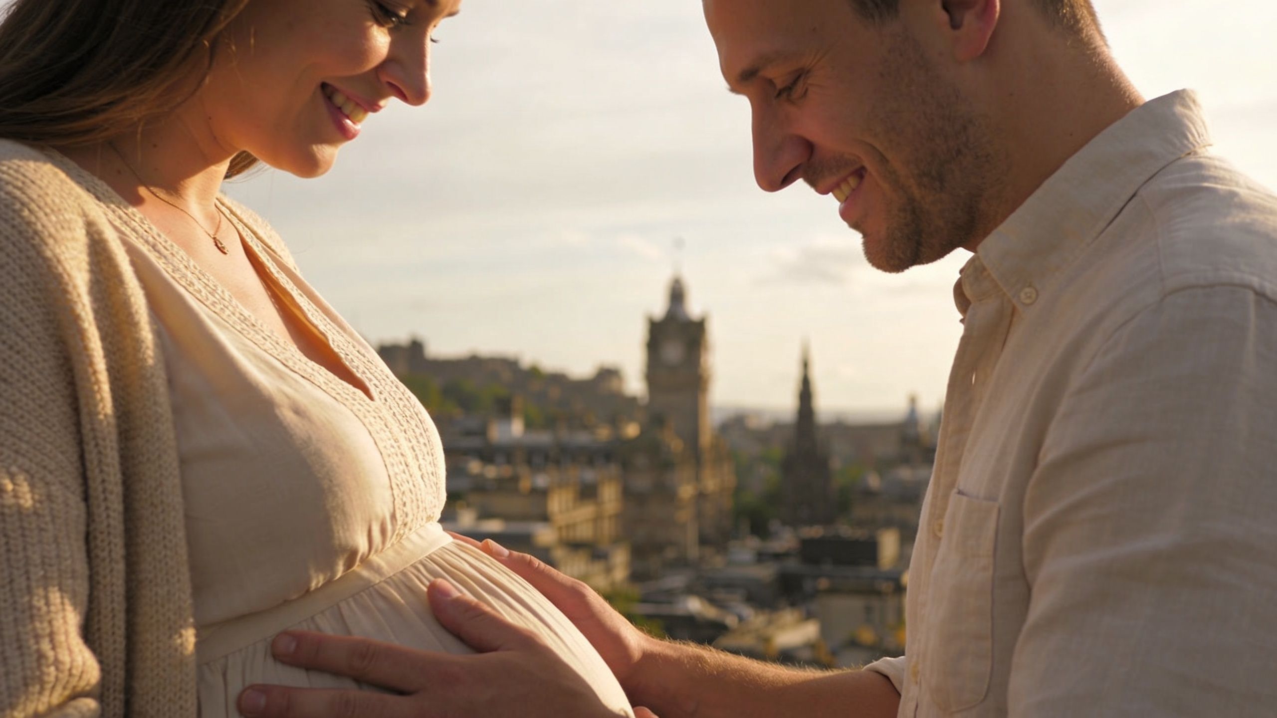 A happy expectant couple smiling while holding a pregnant belly with the Edinburgh city skyline behind.