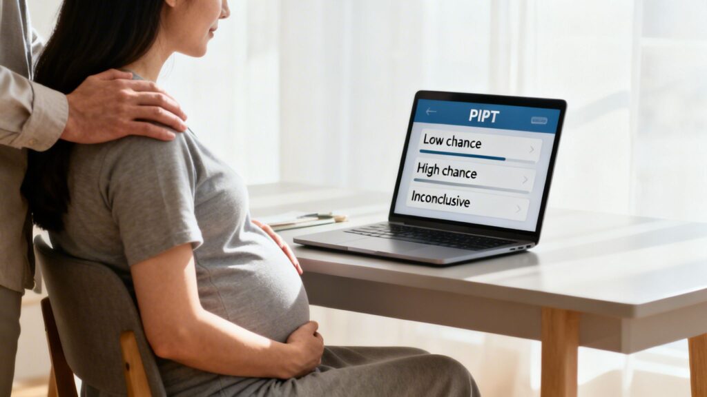 Pregnant woman and partner review NIPT test results showing 'High chance' on a laptop.