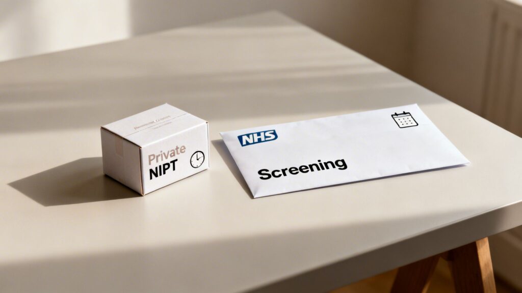A small box for Private NIPT and an NHS Screening envelope on a light-colored table.