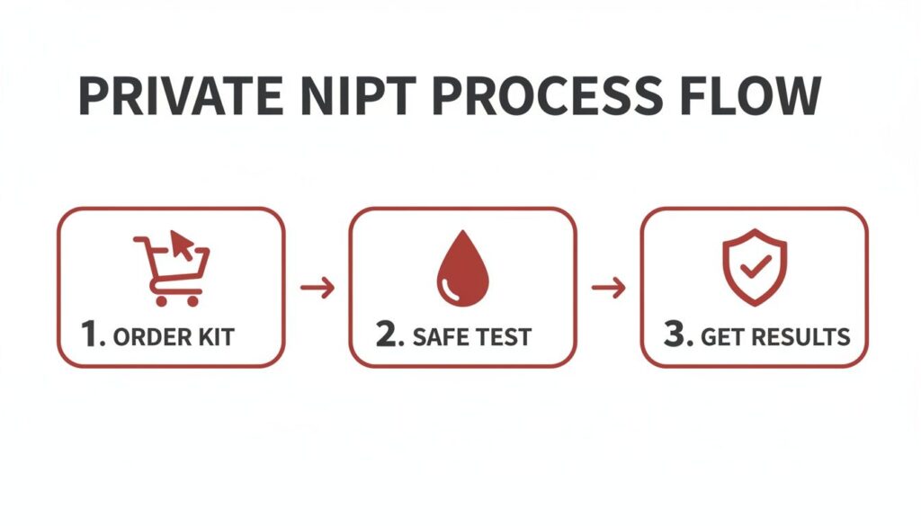 A three-step process diagram for private NIPT test: order kit, safe test, and get results.