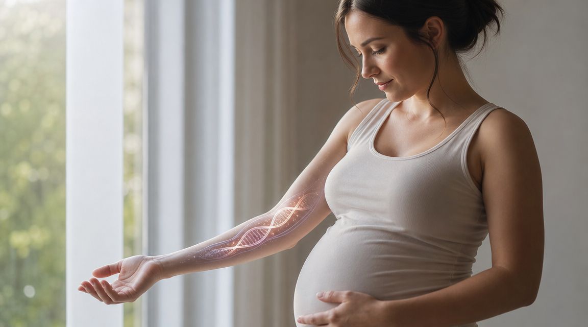 A pregnant woman looks at her arm, which features a digital overlay of a DNA helix strand.