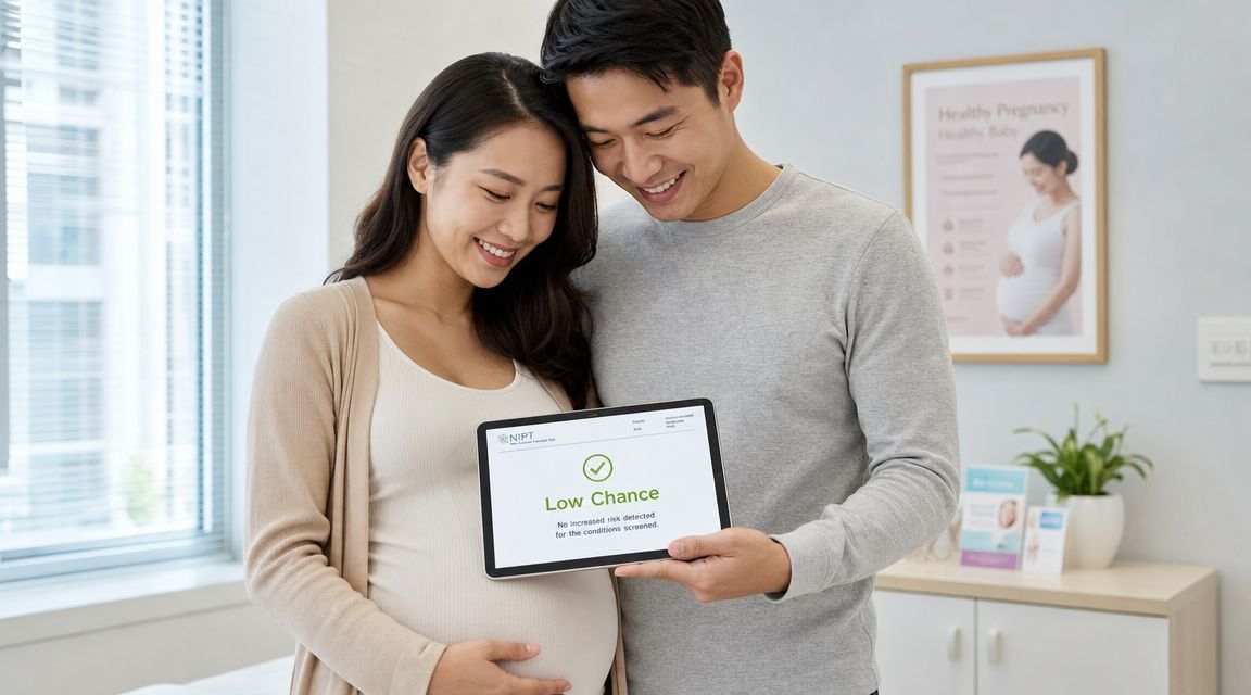 A happy pregnant couple looking at a tablet showing a low chance NIPT test result in a clinic.