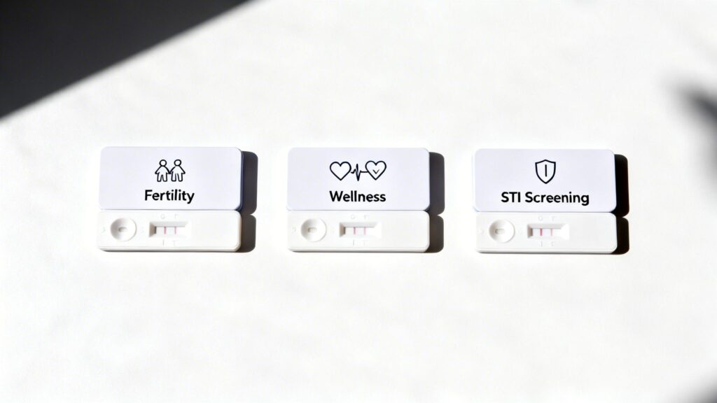 Three at-home rapid tests for fertility, wellness, and STI screening, all showing positive results.