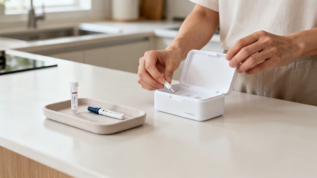 A person preparing an at-home health test kit with a dropper and a test tube on a tray.