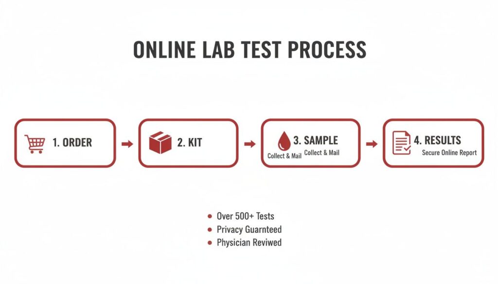 Online lab test process flowchart showing order, kit, sample collection, and secure online results.