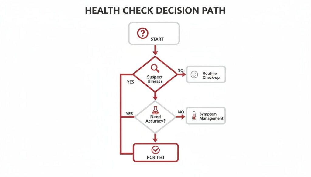 Flowchart showing a health check decision path, from suspecting illness to PCR test or routine care.