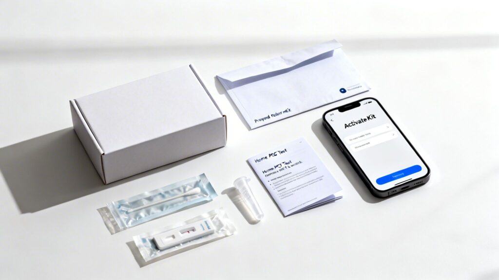 A complete home PCR test kit including a box, instructions, smartphone app, and collection items on a white surface.