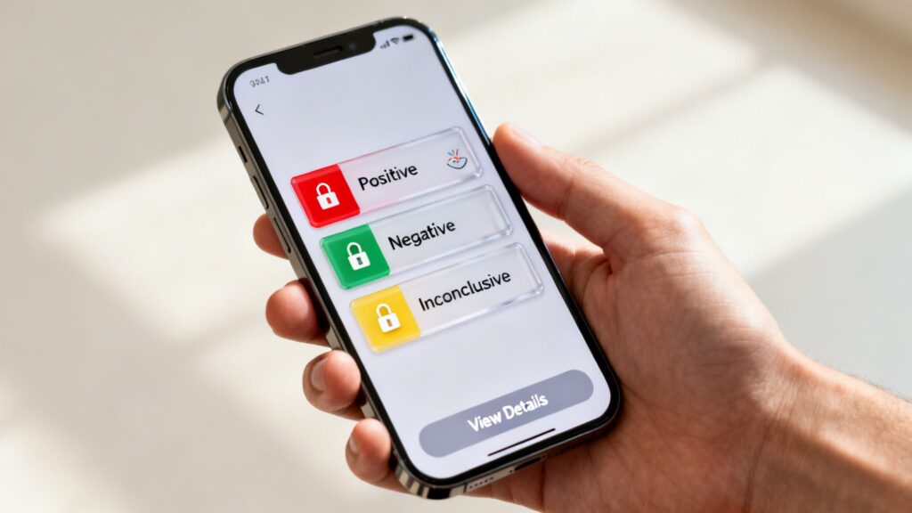 A hand holds a smartphone displaying an app with 'Positive', 'Negative', and 'Inconclusive' results, secured with lock icons.