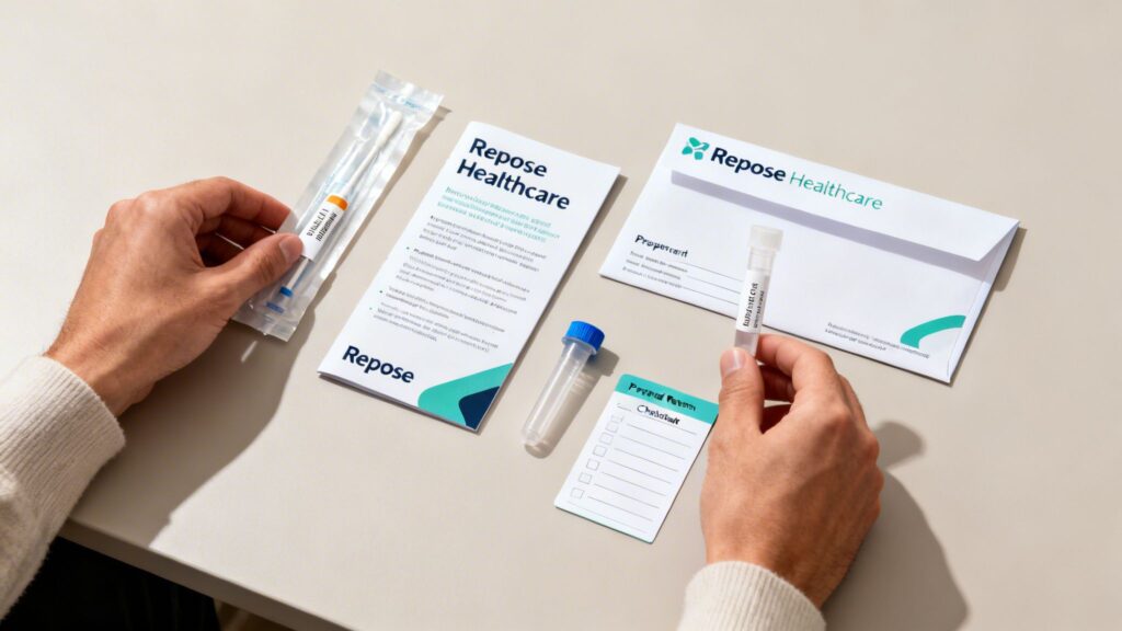 A person's hands are shown unpacking a Repose Healthcare PCR test kit with a swab, vial, and instructions.
