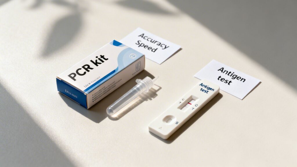 PCR test kit box, antigen rapid test strip, sample tube, and information cards for medical diagnostics.
