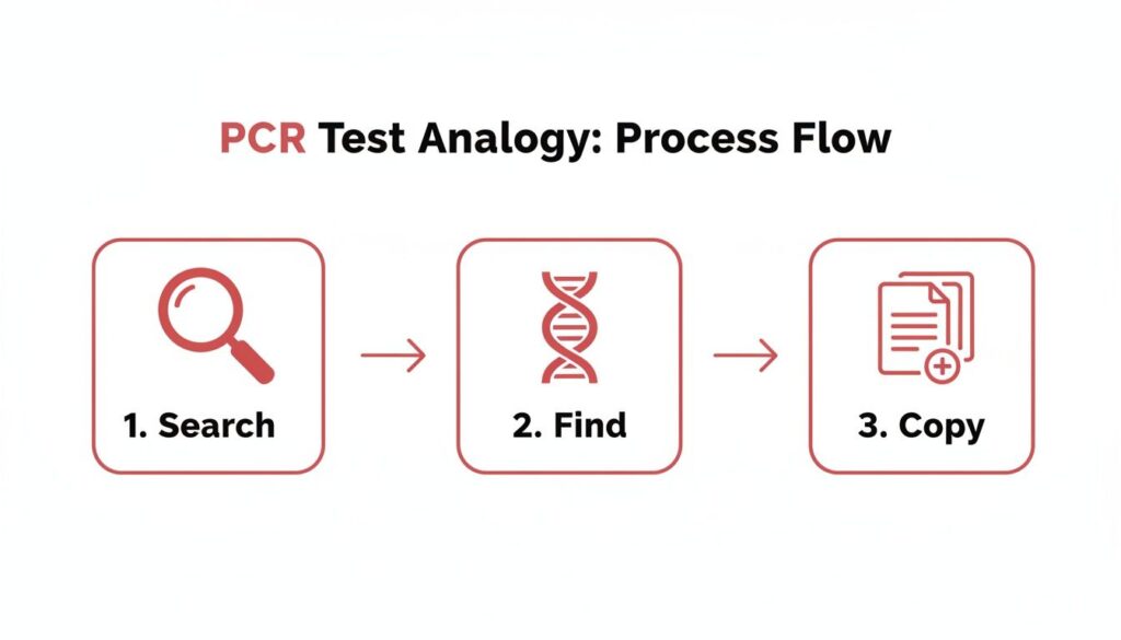 PCR test analogy process flow showing search, find DNA, and copy steps with icons.
