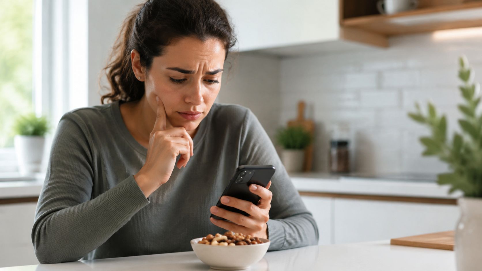 A concerned woman sits at a kitchen table looking at her smartphone while eating a bowl of nuts.