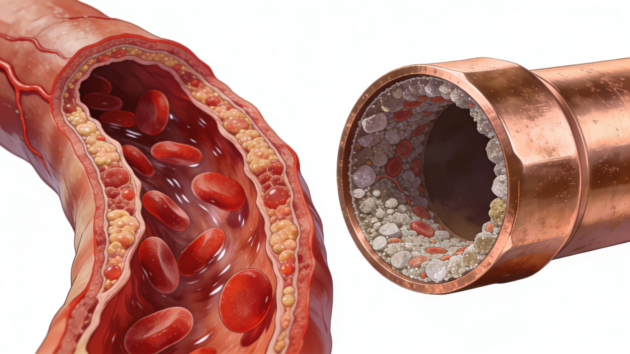 A conceptual comparison between a human artery affected by atherosclerosis and a clogged metal plumbing pipe.