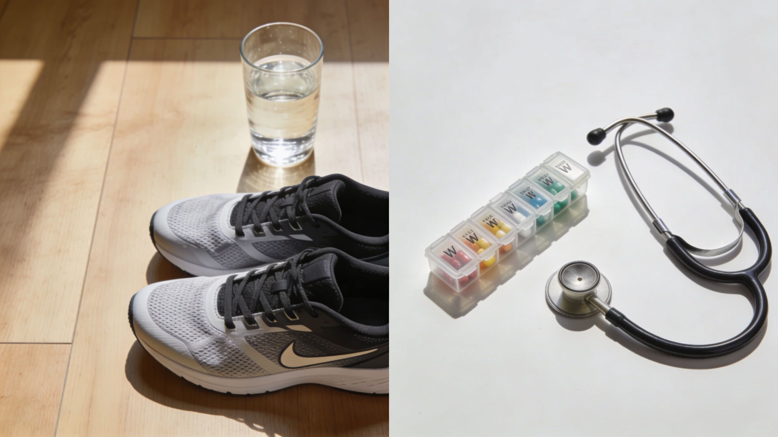 A split screen showing a glass of water and athletic shoes next to medicine and a stethoscope.