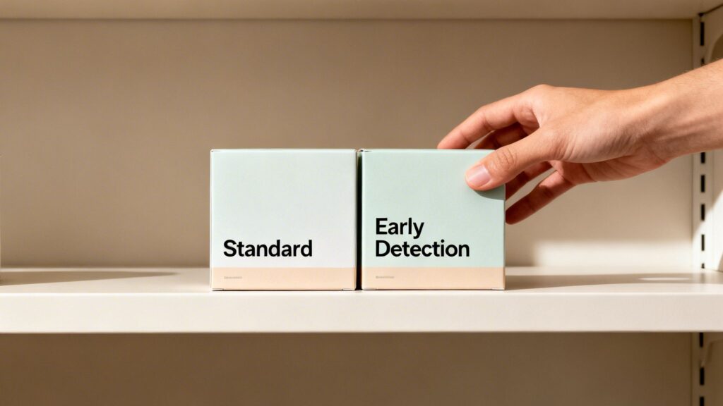 A hand reaches for an 'Early Detection' box next to a 'Standard' box on a clean shelf.
