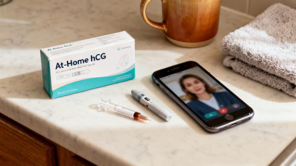 An At-Home hCG test kit, syringe with blood sample, lancing device, and smartphone on a video call with a doctor.